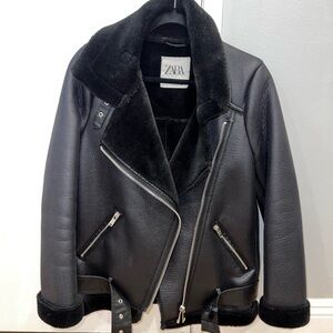 Zara Black Shearling Leather Jacket